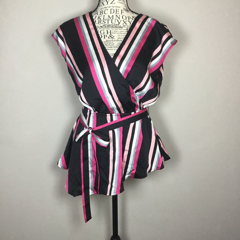1970s disco roller skating top 70s black pink stripe blouse matching belt S